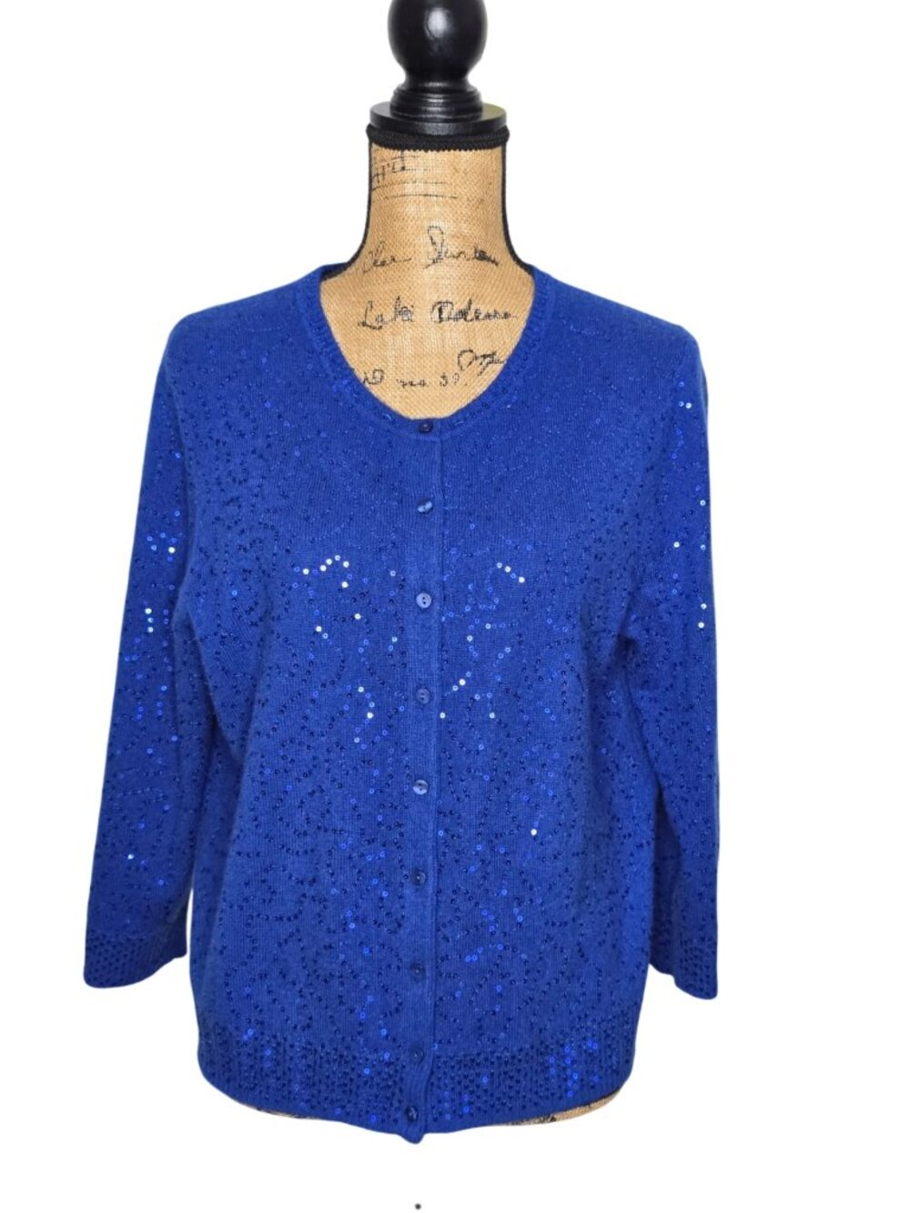Alex Marie Franni Sequin 100% Cashmere Swirl Blue Cardigan Size XL